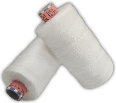 Two large spools of high-quality white industrial embroidery thread resting against each other on a white background.
